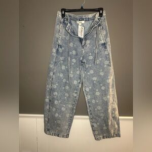 J.O.A. Light Blue Floral-Trim Denim Jeans